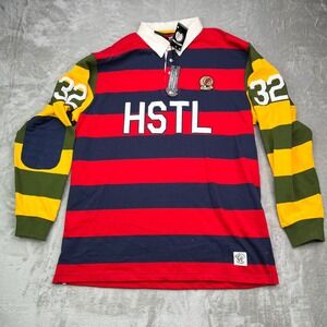 Hustle Gang Rugby Polo Shirt Mens 3X Multi Color Striped Long Sleeve HSTL Patch